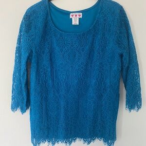 Blue Lace Overlap Three Pink Hearts Blouse with 3/4 Sleeves/ Size Medium